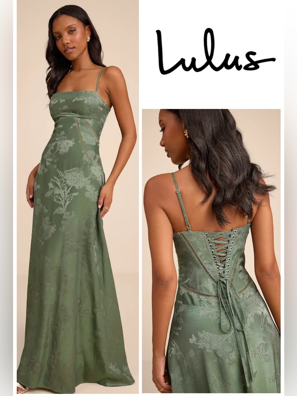 NWT Lulu's Elin Sage Floral Jacquard Lace-Up Maxi Dress